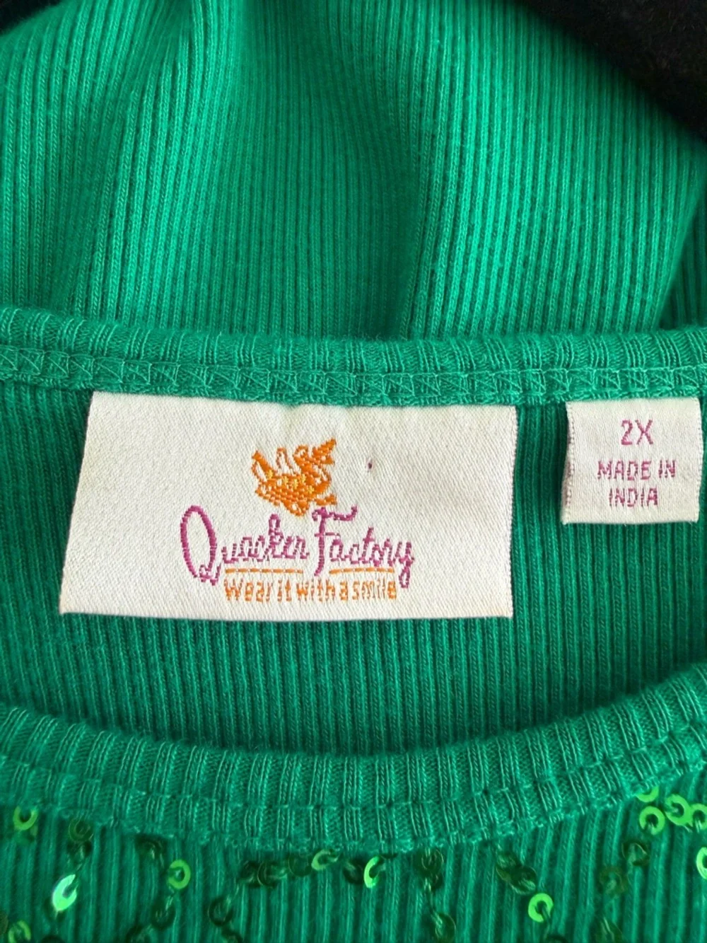 Quacker Factory Green Sequin Top 3/4 Sleeve Ribbed Shirt 2X Holiday - Picture 4 of 5